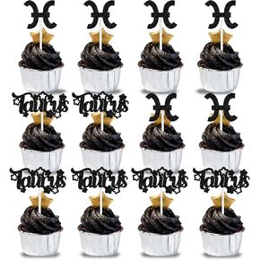 12pcs Taurus Cupcake Topper ، Big Taurus Energy/Taurus Season ، 12 Constellation April/May Birthday Cupcake Decoration ، Acroscope Astrology Birthday Party Supplies ، Black Glitter