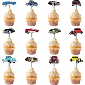 Classic Car Cupcake Toppers Paring Pack - 24 قبعات عتيقة للسيارات للأولاد