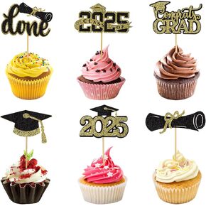 24pcs تخرج الكب كيك القبعات العليا ، 6 أنماط دبلوم كب كيك أعلى القبعات 2025 التخرج قبعات بريق موضوع كعكة توببر تختار ديكورات الحفلة (الأسود والذهبي)