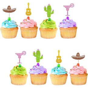 24pcs Fiesta Cupcake Toppers ، Taco Bout Cupcake Toppers ، Gold Glitter Mexican Fiesta Cupcake Picks for Birthday ،