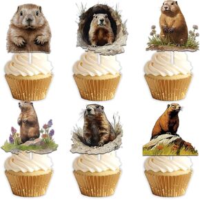 18pcs Brown Glitter Cute Animal Groundhog Dessert Cupcake Topper Pink for Happy Groundhog Day Theme Decorations Baby Shower Boy Girl Birthday Party Decor Supplies