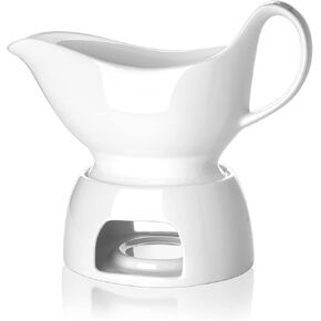 Nucookery Large 20 Oz Gravy Boat with Warmer, White Fine Porcelain Saucier with Big Dripless Lip Spout, Gravy Bowl For Thanksgiving, Warming Sauces, Salad Dressings, Microwave & Freezer Safe(Modern)