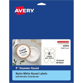Avery Matte White Labels with Metallic Gold Borders, 3" Round Labels, 60 Total, Laser/Inkjet Printable