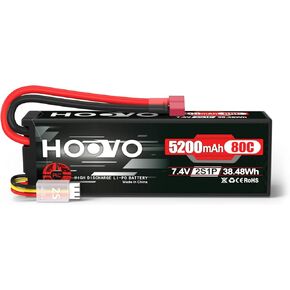 HOOVO 2S 7.4V 80C 5200mAh LiPo Battery Pack Hard Case with T Plug Connector for RC Buggy Vehicles Car Boats Trucks Duratrax