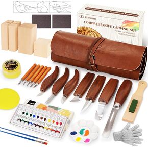 Wood Carving Kit, 46Pcs Wood Carving Tools with 6pcs Whittling Knives & 5pcs Detail Knives &12 Color Paint Set & Beewax, Whittling Kit for Beginners and Enthusiasts