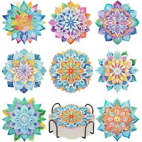 8 أجهزة كمبيوتر مصنوعة من الوقايات الفنية الماس النضرة مع حامل ، زهور DIY Diamond Painting Coasters مجموعات للبالغين ، قواعد الخشب الصلب غير القابل للزجاج