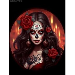 Goldyyyfrog Diamond Painting Mexican Beauty with Red Roses Mexican Skull Full Round Miamond Art Kits للبالغين ، والطلاء بأرقام للمبتدئين ، ومجموعات فن الماس الدائرية لتزيين الغرفة 12x16 بوصة
