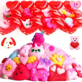 FUNNYB&G Squishies Party Favor Toys - 24pcs Kawaii Mochi Squishy Toys Filled Hearts with Cards for Kids Classroom - Stress Relief Fidget Toys for Kids Gift