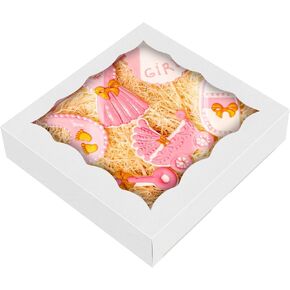 HONGFAPK 50pcs Pack White of Cookie Boxes 4 1/2" x 4 1/2" x 1 1/5" Inches, Individual Small Gift Boxes with Window, Dessert Boxes,Pastry boxes, Mini Dount Boxes