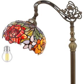 WERFACTORY Tiffany Floor Lamp Red Rose Flower Stained Glass Arched Lamp 10X18X64 Inches Gooseneck Adjustable Corner Standing Reading Light Decor Bedroom Living Room S001 Series