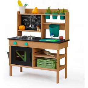 Mud Kitchen for Kids Outdoor - Wooden Play Play Kitchen مع موقد واقعي ، أدوات بالوعة والبستنة | Montessori Learning Playet Toy لطفل صغير من العمر 3+