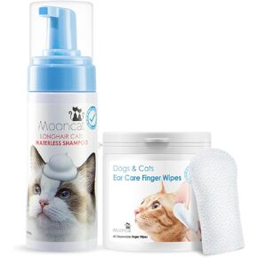 طقم Grouming Mooncat للقطط الطويلة - شامبو الرغوة غير المائي (5 أوقية) + مناديل إصبع الأذن Cat (40CT) | لا شطف ، لعق آمن ، خالي من البارابين ، درجة الحموضة متوازنة | تشابك التحكم وشمع الأذن R