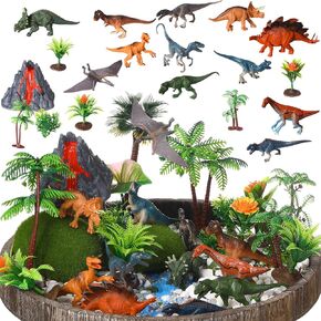 SRATTE 26 PCS شخصيات ديناصور مصغرة تعيين تماثيل الديناصورات البلاستيكية مصغرة DINOSARINCURS DINISTING DINESTINGERS TEES TREES FORDRAY TOPPER DIORAMA DICERATIONS (صينية غير متضمنة)