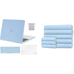 MOSISO Compatible with MacBook Pro 13 inch Case M2 2024-2016 A2338 M1 A2251 A2289 A2159 A1989 A1708 A1706, Plastic Hard Shell&Puffy Sleeve with Small Case&Keyboard Cover&Screen Protector, Airy Blue