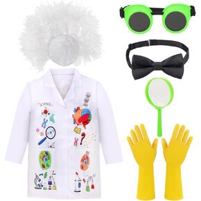 Kyson Kids Mad Scientist Costume 6 Pieces Science Crazy Lab Coat and Goggles Wig Gloves Bowtie Magnifier Halloween Dress Up