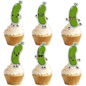 18pcs Green Glitter Cute Cartoon Cucumber Dessert Cupcake Topper Pick for A Big Dill Vegetable Fruit Funny Pickle Theme Decor Supplies Men Women Birthday Anniversary Wedding Party Decoration