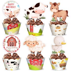 48pcs مزرعة ديكورات حفلة عيد ميلاد | 24pcs cupcake toppers & 24pcs cupcake wrappers party favors supplies farm leimations concerpiece table gifts for boys girls carnival juds