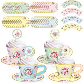 Whaline 48 Set Spring Tea Party Party Cupcake Topcake Cupcake Cupcake and Plates Pastel Cupcake تختار زخرفة الأزهار القديمة لزخارته حلوى الشاي أوزة سخيفة