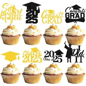 تخرج Cupcake Toppers 2025 ، 48pcs Glitter تهانينا خريجًا جدًا فخورًا بك كب كيك يختار ديكورًا ، فئة ذهبية سوداء من 2025 إمدادات حفلات التخرج