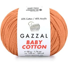 1 حزمة (Skein) Gazzal Baby Cotton ، 60 ٪ من القطن 40 ٪ من الأكريليك ، كل كرة 1.76 أوقية (50 جم) / 180 ياردة (165 مترًا) ، DK- الصوّل ، خيوط الحياكة ، خيوط Amigurumi ، خيوط الطفل ، 3465