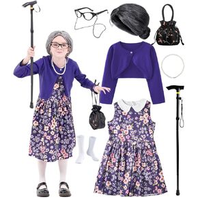 Faybox 100 Days School Lady Lady Costume for Kids Girls ، Lady Day Beening Wig Granny Grandmy Up Up Up