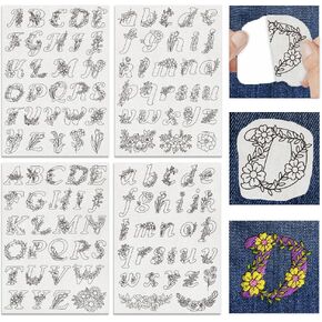 Infunly 114pcs أحرف A-Z زهرة ماء قابلة للذوبان يدوية مثبتات الأبجدية أنماط التطريز اللاصقة للتمزق تمزق العصي التطريز على النقل والغرز مع الأزهار المطبوعة مسبقًا