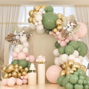 Sage Gold Gold Gold Pink Baloon Arch Kit ، 163pcs Olive Green Pink Sand Balloons لعيد حفلات عيد ميلاد استحمام الطفل بين الجنسين الكشف عن حفلات العازبة الذكرى السنوية (مع 4 أدوات)
