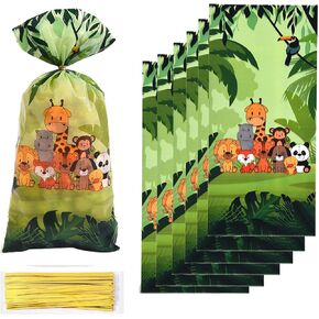 OHLIGEI 50PCS Jungle Animal Party Favors Bags Safari Animal Plastic Goody Treat Bags Safari Jungle Cellophane Gift Bags for Jungle Theme Party Supplies for Birthday Party