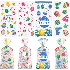 Lodeihoo 50 PCS Easter Clear Treat Bags, Easter Plastic Candy Gift Bags with 50 PcsTwisted Ties for Snacks Cookies Candy Packing, Easter Party Favor Supplies (4 Styles)