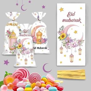 50 PCS رمضان السيلوفان يعالج أكياس الهدايا المسلمة مع تويست العلاقات عيد مبارك جيدا لتناول وجبة خفيفة الحلوى الإسلامية العيد الزخارف adha