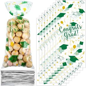 Blulu 100 Pieces Graduation Cellophane Treat Bags Congrats Graduates Candy Plastic Goodie Wrapping Gift Bags with 100 Silver Twist Ties for Grad Party Supplies(Green Gold)