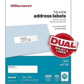 Office Depot White Inkjet/Laser Advice Labels ، 1in. x 4in ، صندوق من 2000 ، 505-O004-0017