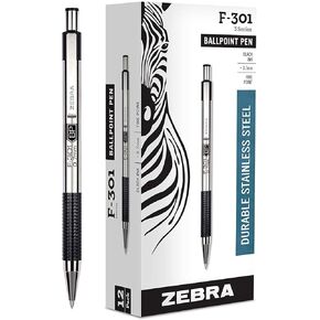 Zebra F-301 قلم الفولاذ المقاوم للصدأ في حمار وحشي ، ونقطة غرامة ، و 0.7 ملم ، والحبر الأسود ، و 12 مترًا