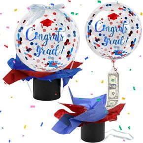 2025 مجموعة هدايا بالون التخرج ، فئة 2025 تهانينا جريدة سحب الأموال Confetti Baloon Box مضحكة فكرة هدية نقدية مفاجأة للفتيات الفتيات الكلية ديكور التخرج من المدرسة الثانوية ، الذهب الأزرق