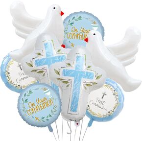 8Pcs First Communion Decorations Balloons, Baptism Party Foil Balloons for Boy Toddler First Communion God Bless Christening Memorial Theme Birthday Baptism Party Decorations Supplies (Blue)