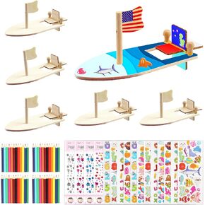 BAPHILE 24 Pack DIY WOOD SAIRBOAT Rubber Band Band Boat و Mini Boat Paint وتزيين مجموعات الحرف الشراعية الخشبية مع أدوات تزيين لأدوات الأطفال.
