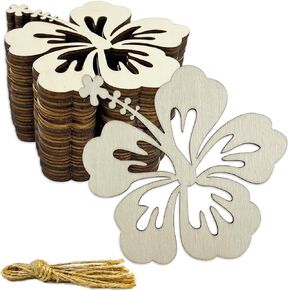 30 Pcs 4 Inch Unfinished Wood Hibiscus Flower Cutouts DIY Crafts Wooden Hibiscus Shaped Hanging Ornaments with Hole Hemp Ropes for Easter Spring Party Decoration