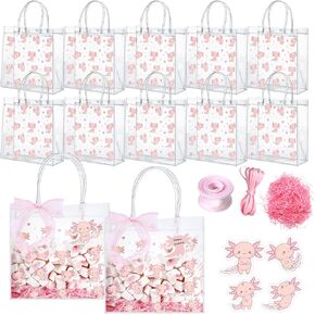 Sweetude 24 PCS AXOLOTL حفلة عيد ميلاد يفضل أن تكون هدايا AXOLOTL واضحة GOODIE BAG PVC معالجة أكياس الحلوى مع علامات RAFFIA PINK BOW ROP