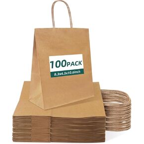 أكياس ورقية كوليمولي كرافت 8.3x4.6x10.6 بوصة 100pcs أكياس هدايا بنية قابلة لإعادة التدوير مع مقابض للبيع بالتجزئة ، وموظفي ، ومصالح الشركات ، وأفضل الحفلات ، والأعمال التجارية الصغيرة