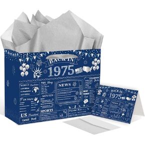 Large 50th Birthday Gift Bag - Anniversary 1975 Retro Theme with Greeting Card & Tissue Paper - Blue Silver 50 years old Decor for Husband, Wife, Men & Women - Reusable Keepsake 50th Party Supplies