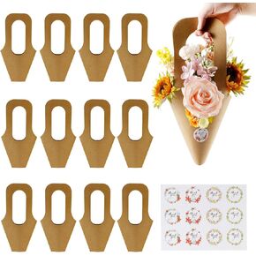 أوفورتي 12 PCS أكياس باقة زهرة مع مقبض وشكرا لك ملصق ، كرافت الورق الزهور الأكياس الهدايا الإبداعية الأكمام الزهرة المخروطية الأكياس الورقية لحفل عيد الحب عيد الحب (12)