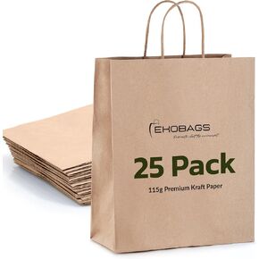ekobags. أكياس الهدايا الورقية نوبل كرافت مع مقابض | 10x5x13 بوصة ، 25 عبوة | أكياس الورق البني القوي بشكل كبير للتجزئة والتسوق وفضلات الحفلات والأعمال التجارية الصغيرة | 100 ٪ قابلة لإعادة التدوير والمستدامة