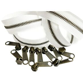#5 YKK Continuous Antique Brass White Zipper Chain - 10#5 Non-Locking Long Pull Sliders Per 5 Yards - Color White - Choose Your Length - Made in The United States (5 Yards & 10 Sliders)