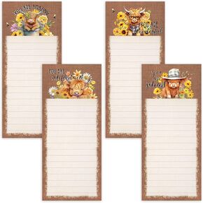 Whaline 4Pcs Highland Cow Magnetic Notepads Motivational Brown Cow Sunflower List To-Do Paper Pad Grocery Shopping List Memo Pad for Home Kitchen Fridge Decor