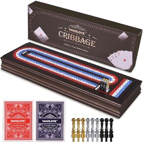 Vamslove 16 '' Cribbage Game Game Set Wooden 3-Track Score مع فتحات كبيرة لتخزين ورقتين للعب و 9 أوتاد معدنية ، ليلة عائلة السفر (تعليمات متضمنة)