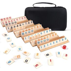 2-6 Players Rummy Cube Board Games Set with 6 Wooden Racks, 160 Tiles, Portable Case and Dice, for Family Friends Night Gifts Travel Party Games Sharpens Brain