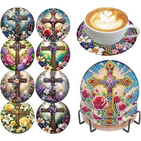 Cross Diamond Art Coasters مجموعات للبالغين - 8 PCS Coasters Dients Diamond Art Kit مع حامل ، وأطقم Coaster Diam