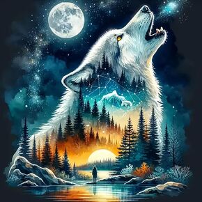 Wolf Forest Diamond Art Kits for Adults, 5D Lake Moon Diamond Painting Kits for Adults Beginners, DIY Full Round Drill Diamond Dot Painting Gem Art Kits for Adult, Home Wall Decor 13.8x13.8 Inch