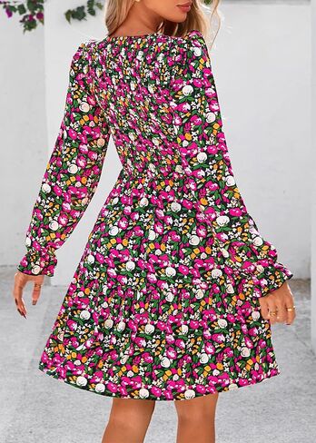 KIRUNDO Women Spring Summer Long Sleeve Floral Dress Casual Crewneck Smocked High Waist Ruffle A Line Flowy Mini Dresses in Kuwait