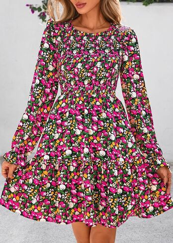 KIRUNDO Women Spring Summer Long Sleeve Floral Dress Casual Crewneck Smocked High Waist Ruffle A Line Flowy Mini Dresses in Kuwait